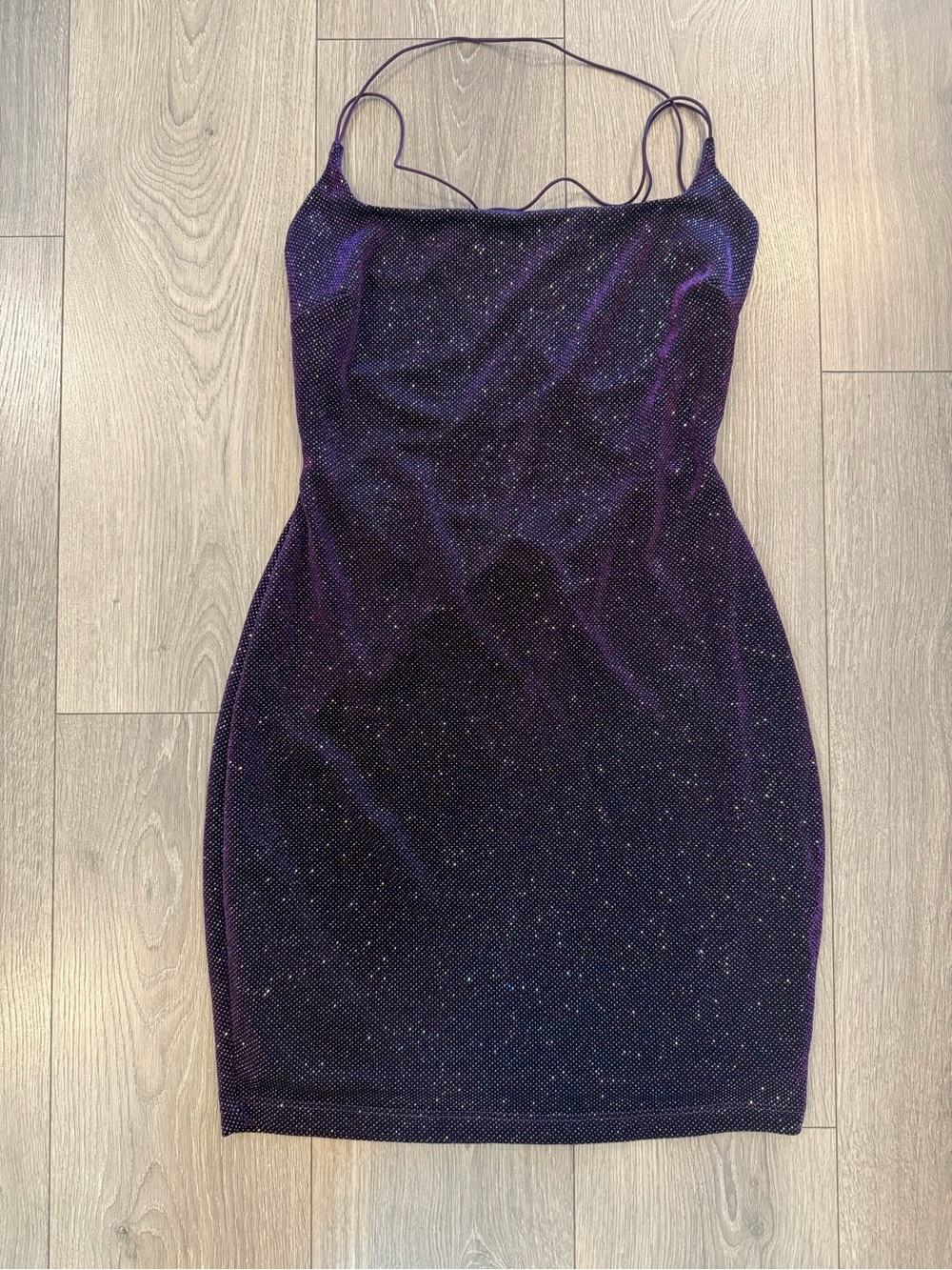 Y2K Purple Glitter Strappy Bodycon Mini Dress XS Backless Party
